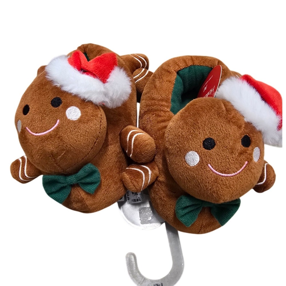 Holiday Lane Kids Gingerbread Man Plush Slippers Brown Santa Hat Size M 13-1 NWT